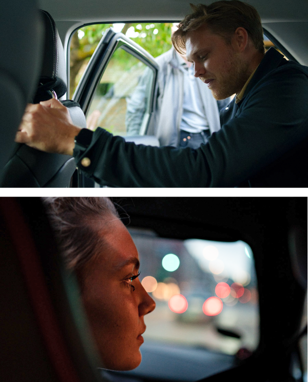 Top Photo: A man with blonde hair is getting into a car. He appears to be adjusting something on the back of the front seat while leaning in from the open car door. The background is slightly blurred, showing someone else standing outside the car, partially visible. Bottom Photo: A close-up side profile of a woman with light-colored hair sitting in a car at night. The background shows a cityscape with blurred lights, likely from traffic outside the window, giving a sense of movement or travel. The woman appears to be looking out the window, lost in thought.